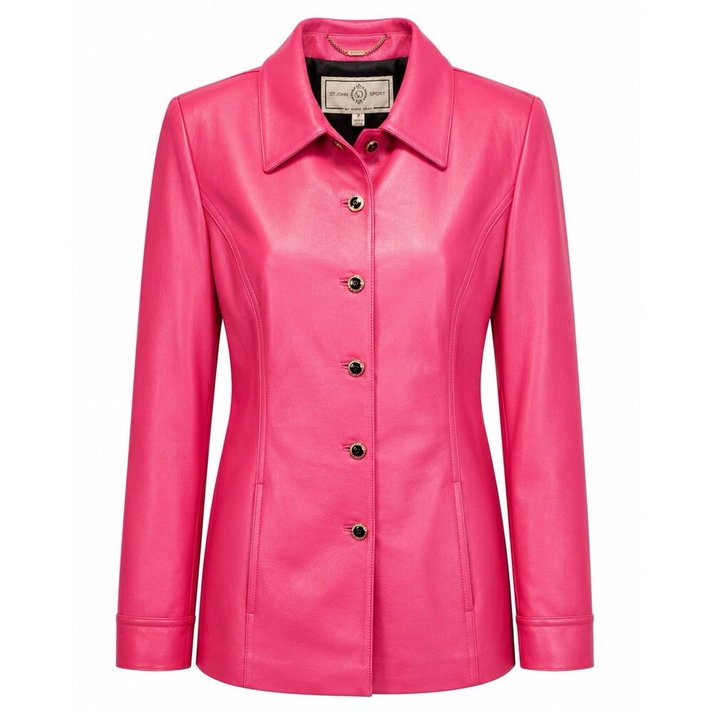 St John Sport Pink Leather Jacket P Fitted Hourglass Gold Logo Buttons EUC Sz S